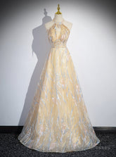 Champagne Tulle Halter Beading Prom Dress